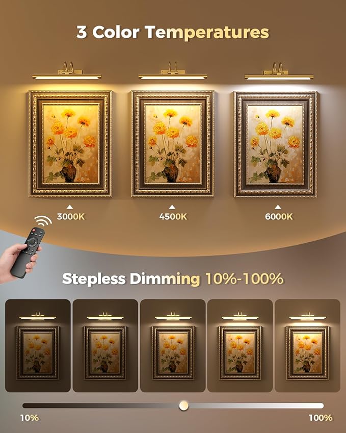 Battery Operated Picture Light with Remote, 15.7″ Wireless Wall Light for Artwork & Frames, Rechargeable LED Gallery Lamp, Dimmable with Timer, Adjustable Metal Design, Electroplated Gold Finish