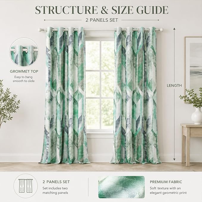 Leeva Decorative Kitchen Curtains, Drapes for Living Room 84 Inch Length 2 Panels, Geometric Pattern Grommet Solid Window Treatments, 52 x 84, Cyan