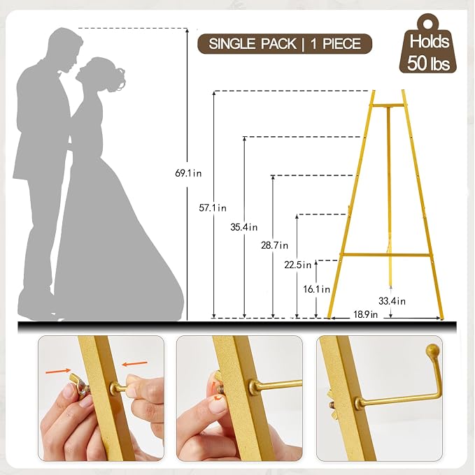 57.1" Tall Gold Easel Stand for Sign, Heavy Duty Folding Metal Easel for Wedding Welcome Sign, Decorative Easel for Mirror, Art, Photo, Adjustable Painting Display 4-Tier Height