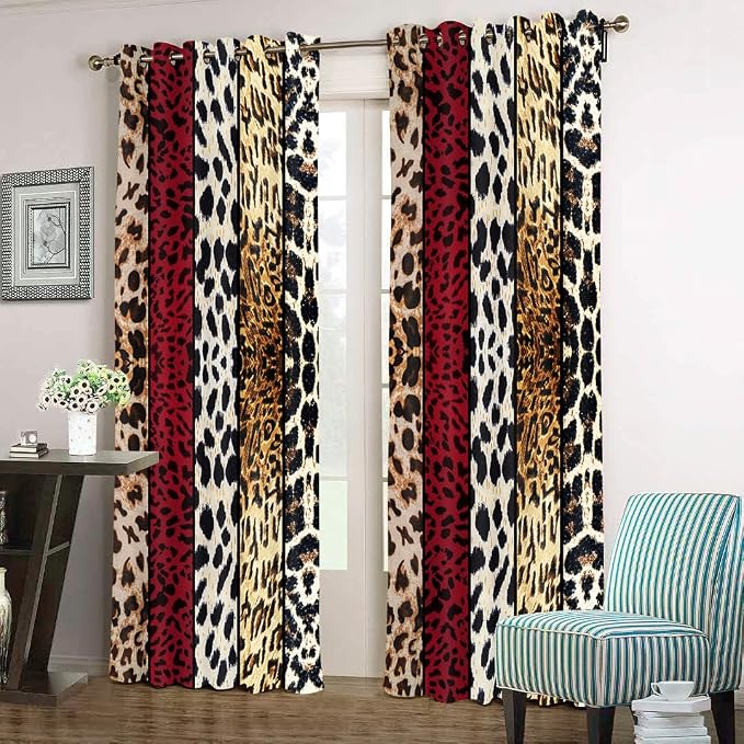 Wild Animal Print Curtain, Room Darkening Thermal Insulated Blackout Leopard Boa Window Drapes with Grommets for Living, Dining, Bedroom, Red Leopard Print, 42"x 84", 2 Panels