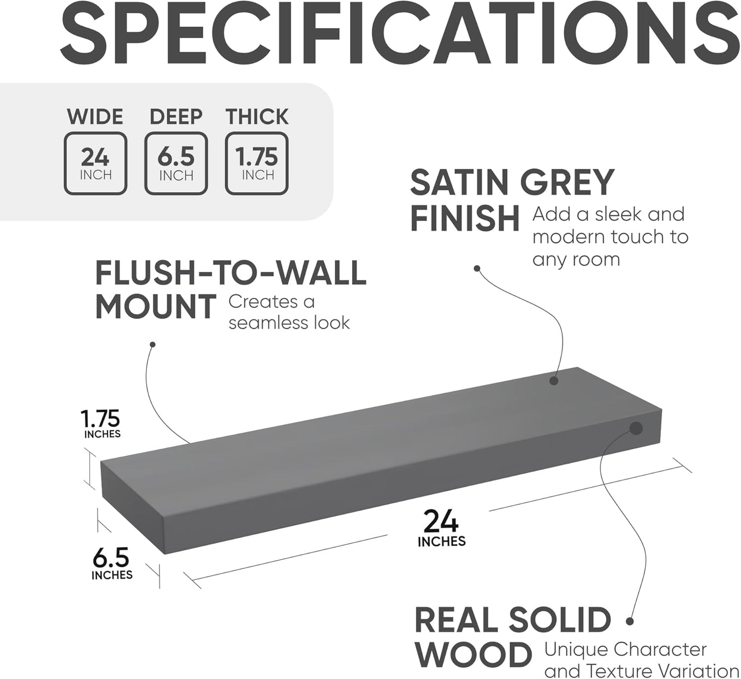 Homeforia 24inch Gray Floating Shelves for Wall, High End Solid Real Wood 24in Floating Shelf for Bathroom, Grey Wooden 24 inch Long Floating Shelves, Heavy Duty Bracket, 24 X 6.5 X 1.75 in, Set of 2