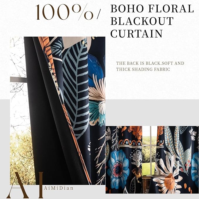 Boho Floral 100% Blackout Curtains for Bedroom 63 inch Long 2 Panels Set Grommet Mid Century Botanical Black Out Curtain Thermal Insulated Room Darkening Window Drapes for Living Room 52Wx63L