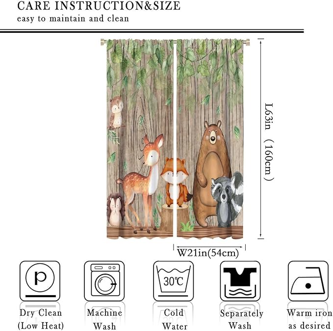 Forest Animal Kids Curtains, Wild Rustic Bear Fox Deer Children Cartoon Window Treatments for Living Room, Watercolor Navy Blackout Drapes 2 Panel Sets,42x63 Inch