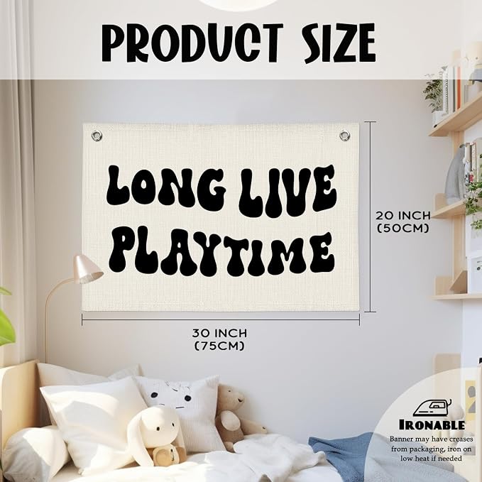 Playroom Decor, Play Room Wall Decor, Long Live Playtime Banner, Boyhood Banner Wall Hanging Banner Flag for Toddler Boy Kids Room Nursery Playroom 20x30