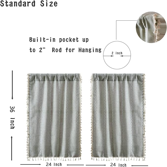 RoomTalks Sage Green Boho Farmhouse Kitchen Curtains 36 Inch Length Striped Summer Spring Cute Modern Chic Cotton Polyester Tassel Short Cafe Curtains for Small Window Kitchen Bohemian Decor