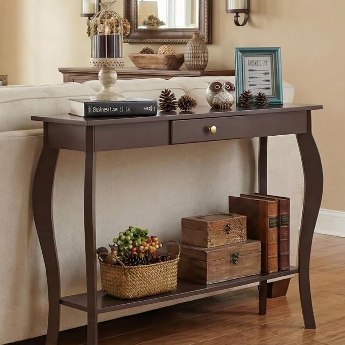 ChooChoo Narrow Console Table with Drawer, Chic Accent Sofa Entryway Table with Shelves for Entryway, Living Room, Hallway, Espresso