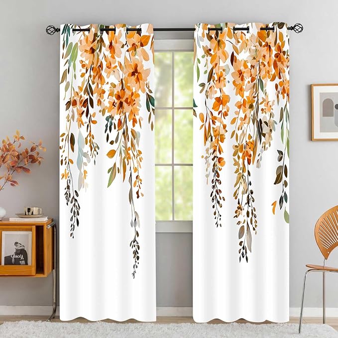 Orange Watercolor Floral Curtains, Botanical Leaves Vine Flowers Curtain, Rustic Farmhouse Flower Leaf Blackout Window Treatment Drapes for Bedroom Living Room 52x72 inch, 2 Panels