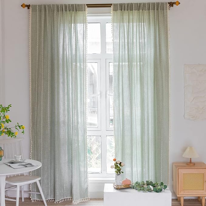 RoomTalks Sage Green Boho Farmhouse Curtains for Bedroom Living Room 96 Inch Length 2 Panels French Country Spring Cute Textured Window Curtain Panels Striped Bohemian Chic Tassel Draperies