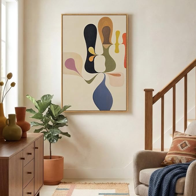 Framed Mid Century Modern Wall Art for Living Room, Colorful Abstract Geometric Canvas Paintings Prints Canvas Artwork for Walls, Vertical Contemporary Pictures Wall Decor for Bedroom Office, 24x36 In