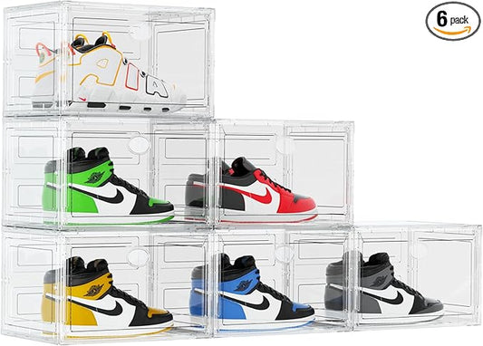 KEFA XL Shoe Storage Box Organizer, 6 Pack Shoe Boxes Clear Plastic Stackable, Sneaker Display Case Container Fit for US 13 (Side 6 PACK CLEAR)