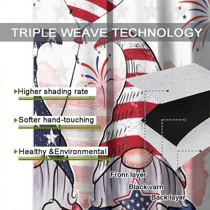 4th of July Curtain,Patriotic Independence Day Cute Gnome Print Drapes for Bedroom Living Room Kitchen Window Treatment 2 Panels Set Total Size 42" W X 63" L Inch