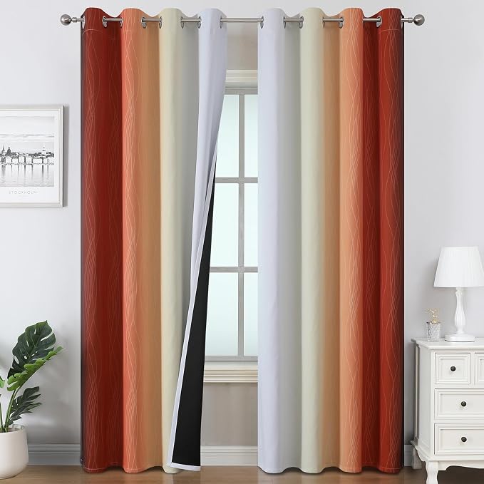 Estelar Textiler Burnt Orange & Greyish White Ombre Blackout Curtains 96 Inch Length 2 Panels, Light Blocking Thermal Insulated Room Darkening Window Drapes for Bedroom/Living Room, 52x96 Inch