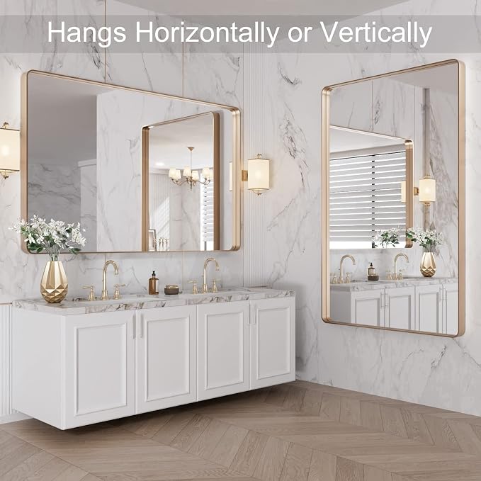 LOAAO 48”X30” Gold Bathroom Mirror, Rounded Rectangle Gold Frame Mirror, Brushed Gold Bathroom Vanity Mirror Wall-Mounted, Anti-Rust, Tempered Glass, Hangs Horizontally or Vertically