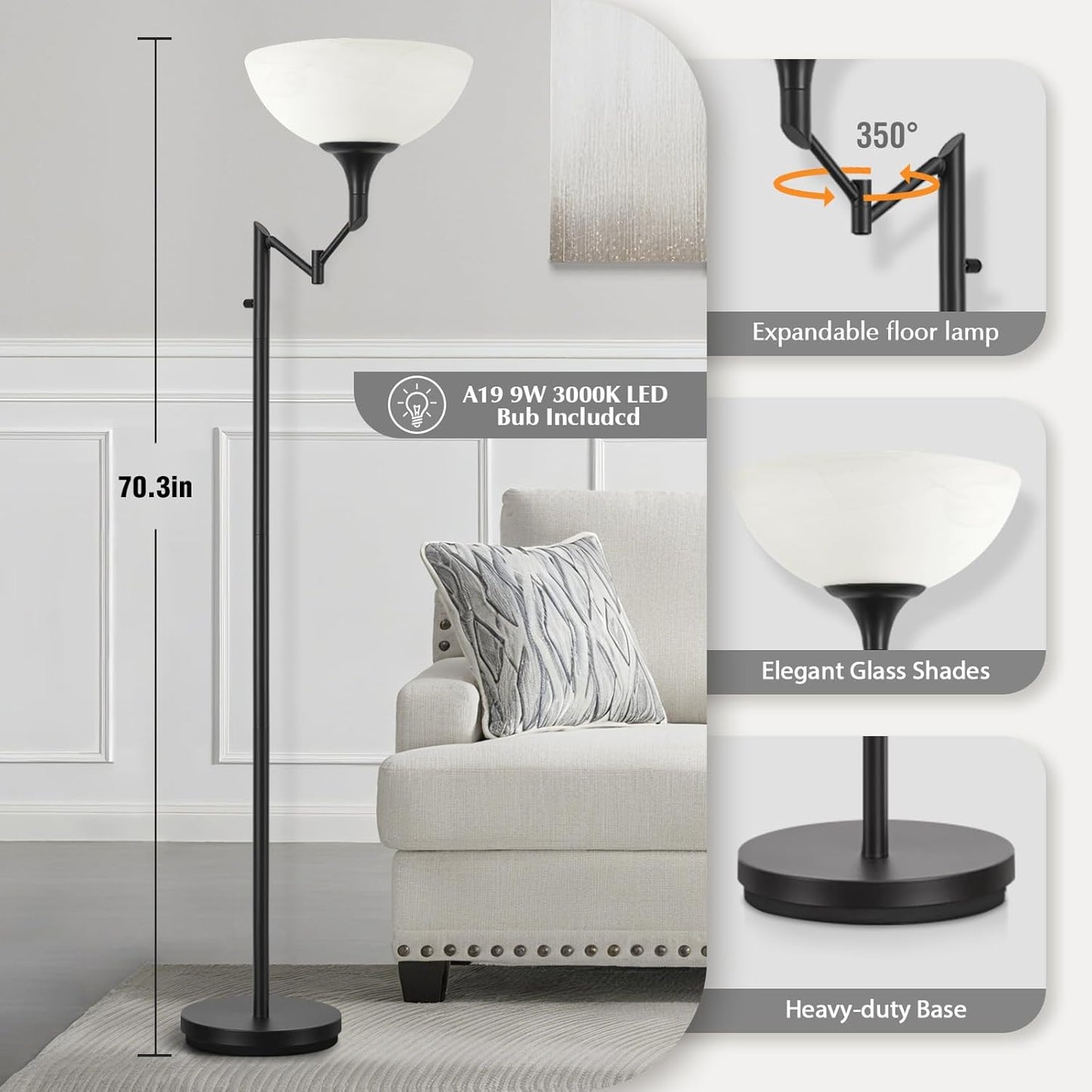 Floor Lamps for Living Room Black, 70" Tall Standing Lamp with Glass Shade, Torchiere Floor Lamp with 350°Adjustable Swing Arm Lamp, Pole lamp for Bedroom, Living Room, Office, Bulbs Included