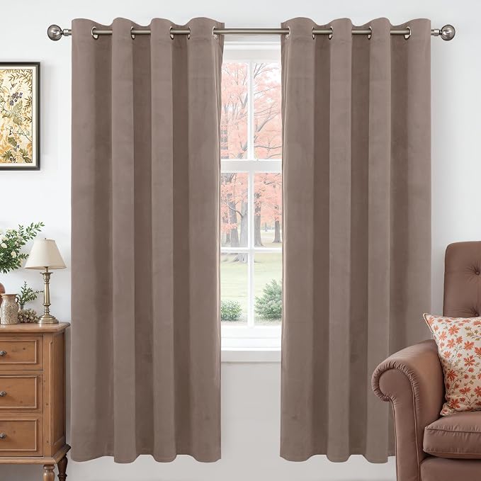 YoungsTex Taupe Velvet Curtains 72 Inch Length 2 Panels, Thermal Insulated Blackout Drapes with Grommet Privacy for Bedroom Living Room Windows, 52 X 72 Inch