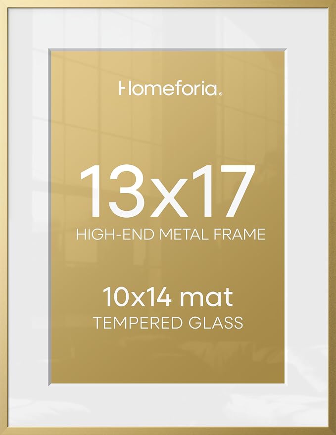 Homeforia 13x17 Picture Frame Gold, High End Metal 13x17 Poster Frames with Mat 10x14 Photo, 13 x 17 Gold Frame Matted to 10 by 14 Print, 17by13 Thin Hanging Frames, Tempered Glass, Wall Kit, Set of 1