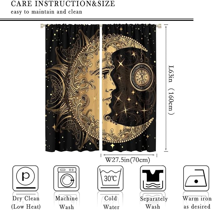 Sun Moon Blackout Windows Curtains, Retro Bohemian Antique Hippie Gold Sun Crescent and Star Curtains, for Living Room Bedroom 55x63in 2 Panels