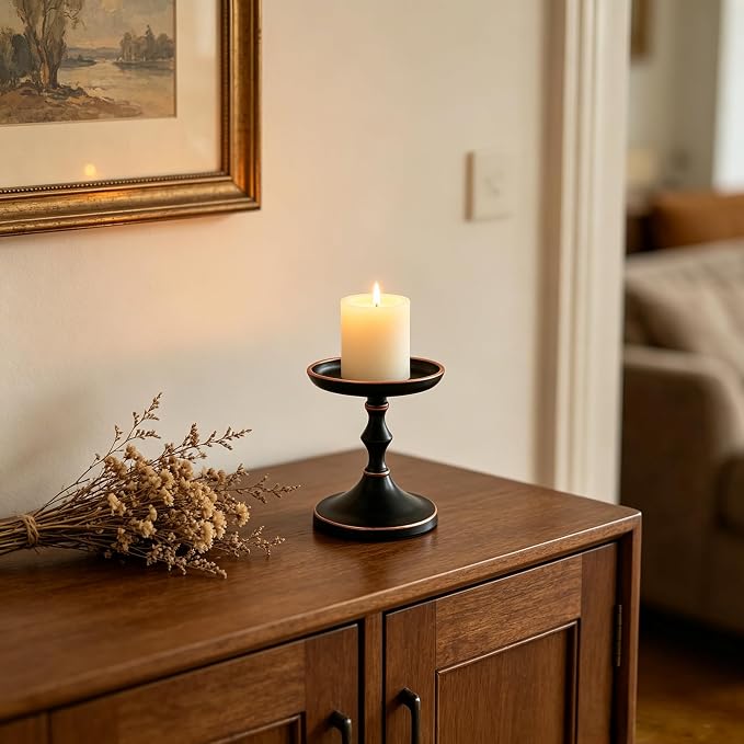 Hosley Aluminum Metal Decorative Pillar Candle Holder Antique Bronze Set of 2 for Candles or Display, 5” High - Ideal for Weddings, Parties, Events, Home Decor, Gifts, Elegant