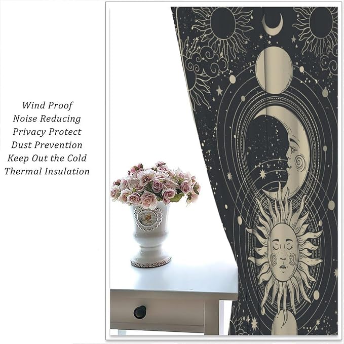 Sun Moon Blackout Curtains, Bohemia Retro Moon Phase Gothic Rod Pocket Window Treatment Drapes for Bedroom Living Room 55" W X 63" L