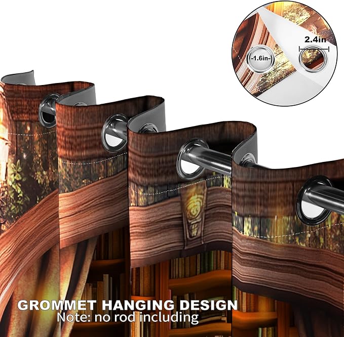 MissHope Library Bookshelf Blackout Curtains Sunshine Vintage Book Bookcase Tree Decor Women Men Boys Girls Bedroom Study Classroom Living Room Darkening Grommet Window Drapes 2 Panel Set, 42x63 Inch