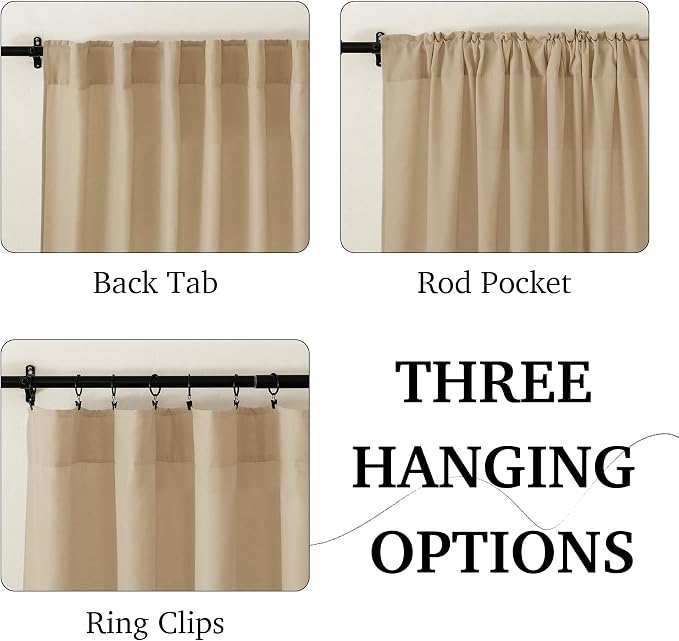 RYB HOME Boho Curtains 90 inches Long, Soft Linen Woved Lightweight Back Tab Light Filtering Fabric Shades for Dining Room Guest Room, W 52 x L90 inches, 2 Panels Set