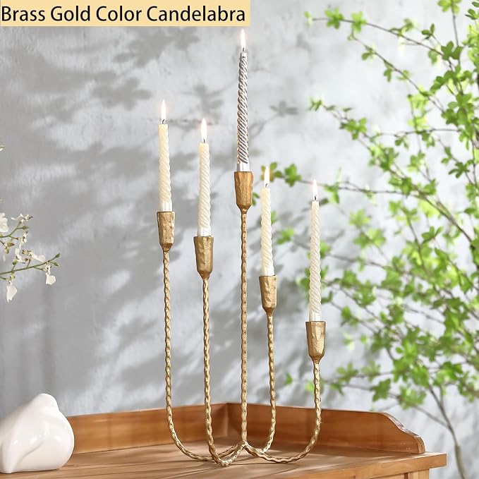 17.5 Inch 5-Arm Candle Cast Iron Metal Candelabra Candlestick Holders | Tall Antique Brass Taper Candle Holder, Vintage Farmhouse Centerpiece for Wedding, Fireplace Mantel & Dining Room Table Decor