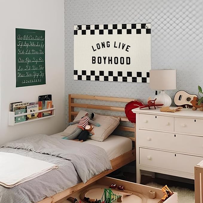Long Live Boyhood Race Car Boys Room Decor - Checkered Banner Wall Hanging Canvas Banner Flag Decor for Toddler Boy Room Nursery Playroom