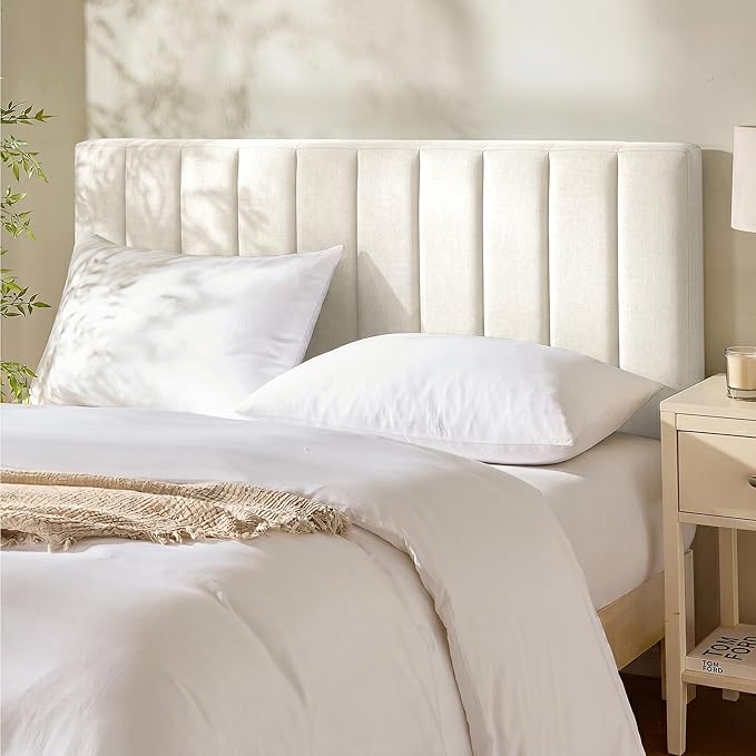Hearth & Harbor Upholstered Full Headboard - Easy Assemble Channel Stitched Headboard Full Size - Wall Mounted Headboards with 3D Soundproof Wall Panels Peel & Stick Floating Headboards, Off White
