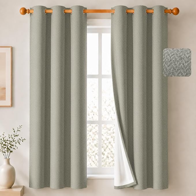 2 Panels 100% Blackout Linen-Textured Curtains, Thick Thermal Insulated Grommet Drapes with Subtle Herringbone Weave, Luxury Decor for Bedroom/Living Room, 37 x 63 Inches, Linen Beige