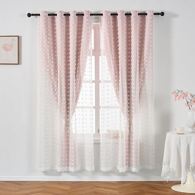 Pink Blackout Pom Pom Sheer Curtain for Girls Bedroom 2 Panels, Double Layered Curtain with White Overlay, Light Blush Baby Toddler Nursery Curtains 84 Inches Long, Cute Boho Window Drapes