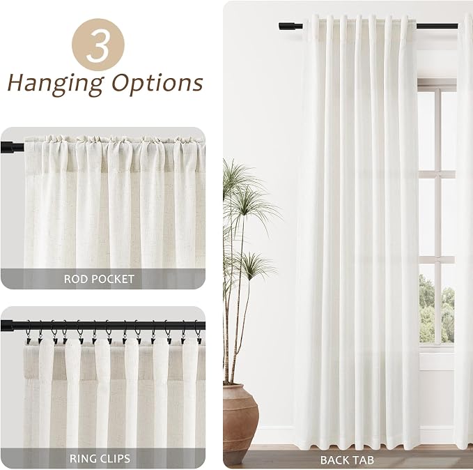 Aersas 112 Inches Linen Long Curtains for Living Room 2 Panels Set Floor to Ceiling Drapes Natural Boho Cotton Back Tab Curtain for Sliding Door Window Treatments W 52 x L 112 Inch, Beige White