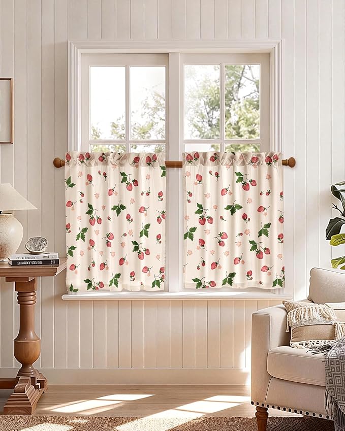 Miss Adola Farmhouse Kitchen Tier Curtains - 30 Inch Length Linen Blend Country Cafe Curtains Strawberry Small Window Treatments Over Sink Rod Pocket for Bathroom Living Room Light Filtering, 2 Panels