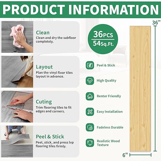54 Sq. Ft Floor Tiles Peel and Stick Vinyl Floor 36 x 6 inch Luxury Self Adhesive Waterproof Flooring Planks DIY for Kitchen, Living Room, Shops, RV, Wood Look Plank, 36-Pack, Light Brown