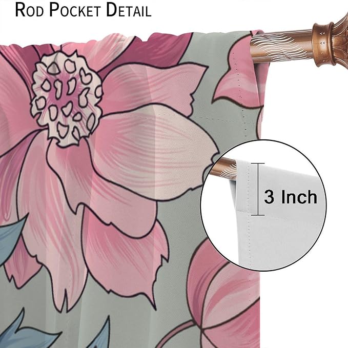 Floral Blackout Window Curtain, Flourish Ornamental Blossom Rose Style Print for Home Kitchen Restaurant Decoration Window Drapes 2Panel 42" W X 54" L