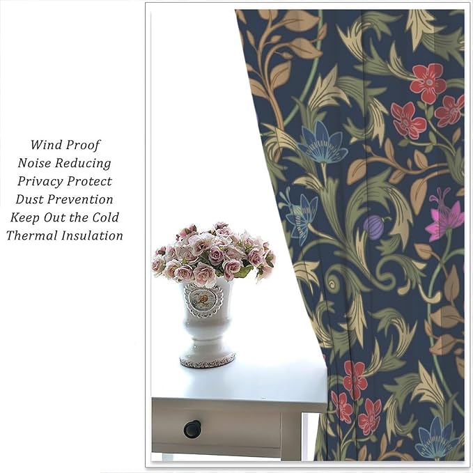 William Morris Flower Blackout Curtains, Retro Botanical Vintage Floral Leaves Window Drapes, for Bedroom Living Room 63" W X 63" L