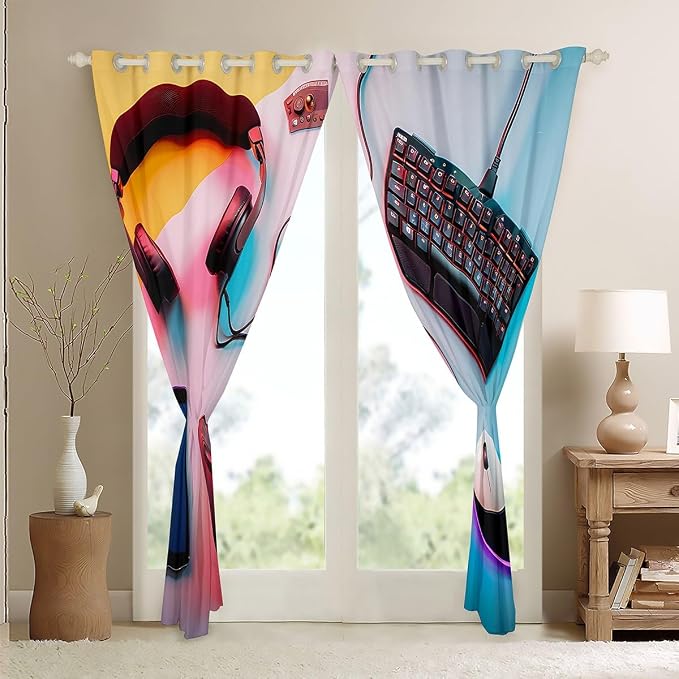 Feelyou Kids Boys Gamer Window Curtains Black Pink Blue Gamer Darkening Drapes Gaming Blankout Curtains Game Room Decor Window Treatments (2 Panels, 38 x 45 Inch)