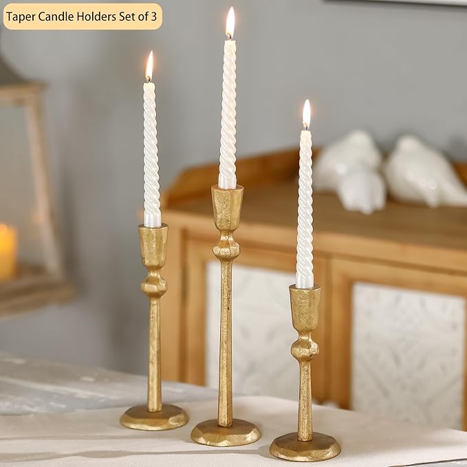 Gold Taper Candle Holders Set of 3, Heavy Candlestick Holders Decorative Candle Stand for Table Centerpiece, Cast Iron Candle Stick Holder Decor