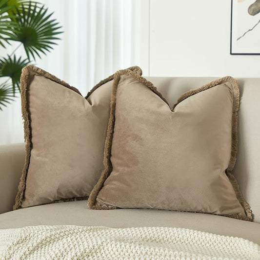 JUSPURBET Pack of 2 Stone Decorative Fringe Velvet Throw Pillow Covers 18x18 for Home Decor Living Room Bedroom Car Boho Soft Cushion Cover with Hidden Zipper Machine Washable