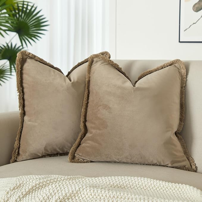 JUSPURBET Stone Decorative Velvet Fringe Throw Pillow Covers 24x24 Set of 2 Boho Soft Cushion Case for Home Decor Living Room Couch Sofa Bed
