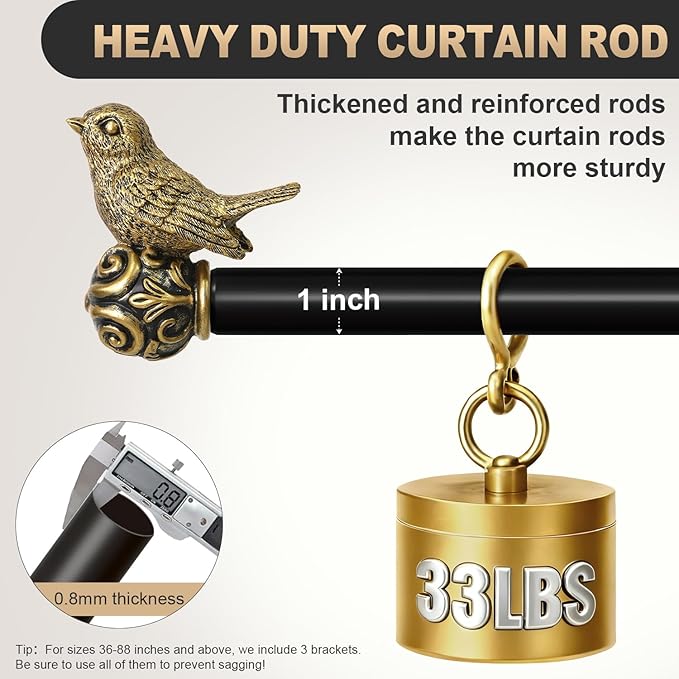 Black Curtain Rods for Windows 48 to 84 Inch, Vintage Decorative Curtain Rod with Gold Bird Finials, 1'' Adjustable Heavy Duty Drapery Rod Set for Bedroom Living Room Kitchen,36-88''