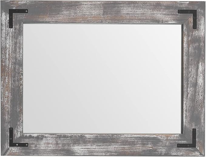 YOSHOOT Rustic Wooden Framed Wall Mirror, 40"x26", Natural Wood Bathroom Vanity Mirror for Farmhouse Decor, Vertical or Horizontal Hanging