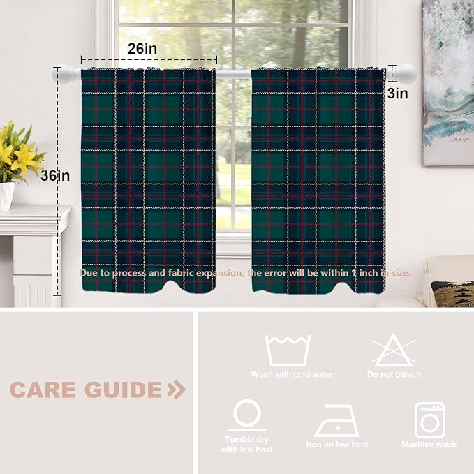 Shrahala Tartan Plaid Tier Curtains for Kitchen Windows, Green Scottish Fabric Kilt Twill Woven Cafe Curtain Multilayer Polyester Blackout Half Valances for Windows 2 Pack 36 X 26 in