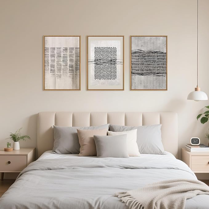 Large Abstract Black and Beige Framed Canvas Wall Art,Minimalist Geometric Lines Wall Decor,Cozy Neutral Shapes Artwork,Modern Lines Dots Art Print for Living Room,Bedroom,Office- 24"x36"x3
