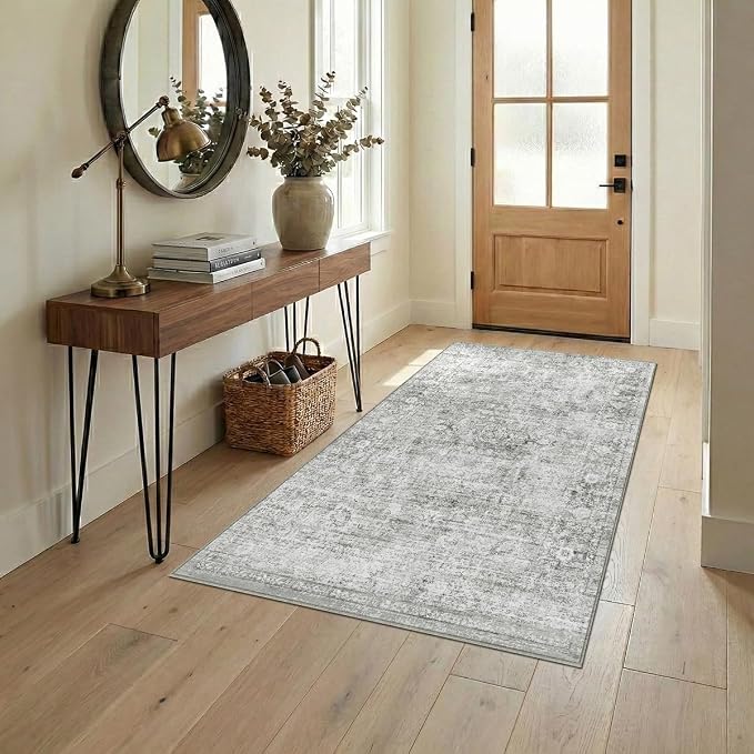 Homemate Washable Rug 3x5 Area Rugs - Vintage Faux Wool Rugs for Living Room Bedroom Dining Room - Non Slip Foldable Carpet Indoor Area Rug for Home Decor（3'x5', Grey