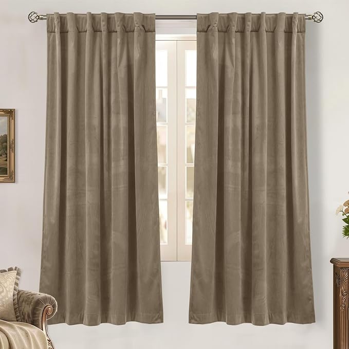 BGment Taupe Velvet Blackout Curtains 72 Inch Length for Bedroom, Thermal Insulated Room Darkening Super Soft Window Curtains with Back Tab and Rod Pocket for Living Room, 2 Panels, 52 x 72 Inch