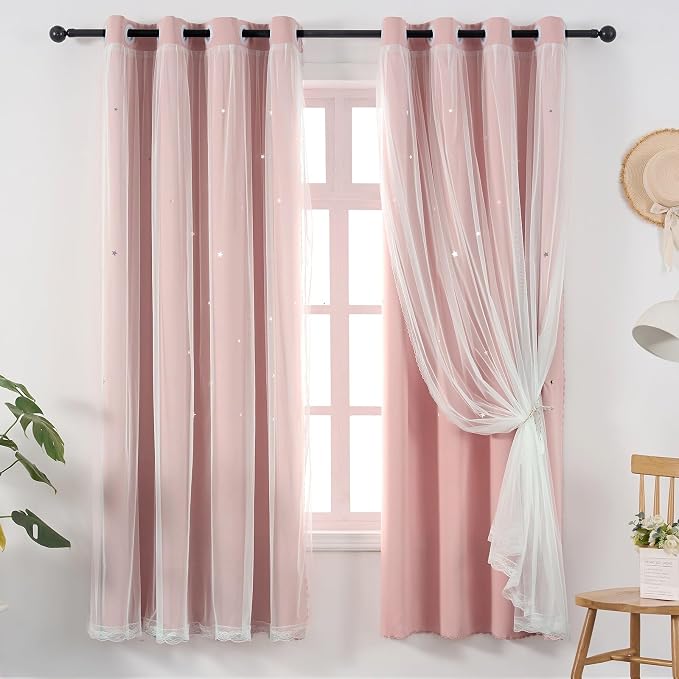 Light Pink Curtains Blackout for Girls Bedroom - Aesthetic Star Cutout Double Layer with White Sheer Overlay, 63 Inch Length 1 Panel Cute Curtain Baby Nursery Toddler Room Decor Drapes