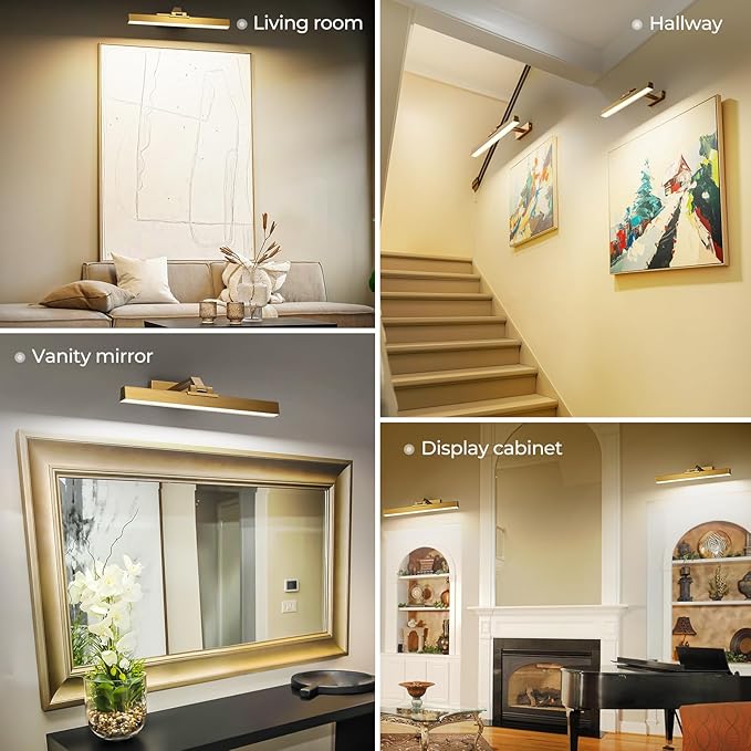 Afyuol Picture Lights for Wall, Brass Battery Operated Picture Light 16in Art Light CCT Dimmable Recharging Battery Wall Light with Remote Control for Living Room Gallery