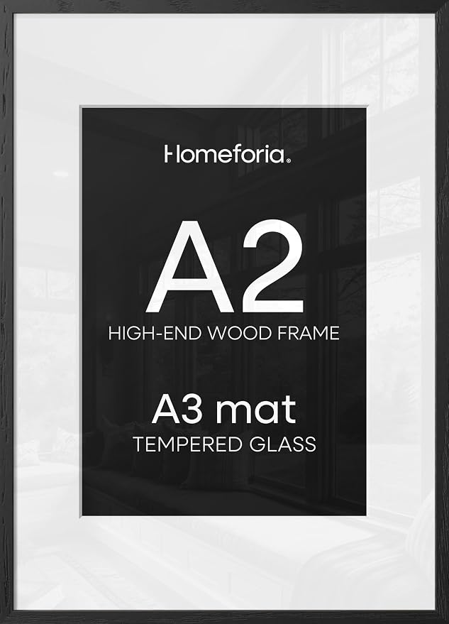 Homeforia A2 Black Wood Frame, High End Oak 16.5 x 23.4 Black Wooden Poster Frames Matted to 11.7 by 16.5 in Photo, A2 Size Wood Picture Frame with Mat A3 for Print, Tempered Glass, Wall Kit, Set of 1