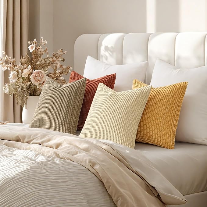 MIULEE Fall Decorative Pillow Covers 18x18 Inch Set of 4 Terra Cotta | Modern Farmhouse Natural Rustic Pillows Neutral Warm Soft Corduroy Couch Pillowcases Home Decor for Sofa Living Room Bed