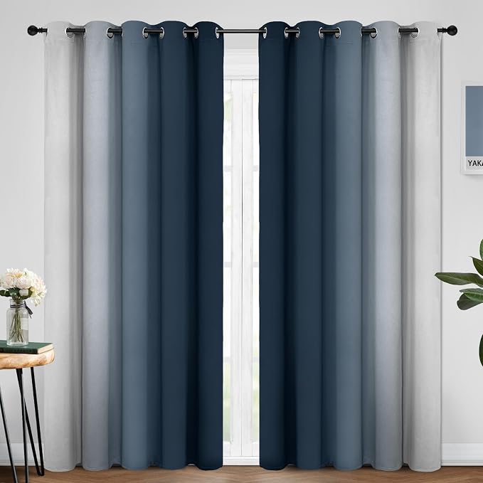 Yakamok Ombre Curtains Navy Blue and Greyish White for Living Room,70Wx84L | Room Darkening Curtains 84,Thermal Insulated Gradient Color Drape,Light Blocking Grommet Window Curtains for Bedroom,2 Panels